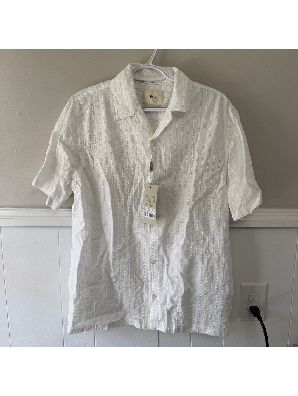 New Folk Mens Size M White Dobby Striped Cotton Collared Button Up